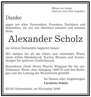 Todesanzeige von Alexander Scholz von OFFENBACH-POST/HANAU-POST