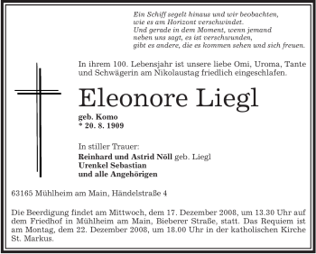 Todesanzeige von Eleonore Liegl von OFFENBACH-POST/HANAU-POST
