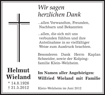 Todesanzeige von Helmut Wieland von OFFENBACH-POST/HANAU-POST