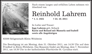 Todesanzeige von Reinhold Lahrem von OFFENBACH-POST/HANAU-POST