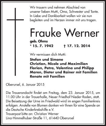 Todesanzeige von Frauke Werner von Offenbach