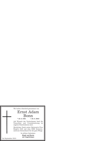 Todesanzeige von Ernst Adam Bonn von OFFENBACH-POST/HANAU-POST