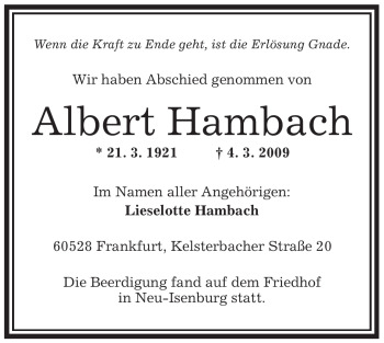 Todesanzeige von Albert Hambach von OFFENBACH-POST/HANAU-POST