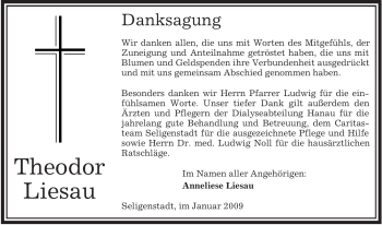 Todesanzeige von Theodor Liesau von OFFENBACH-POST/HANAU-POST