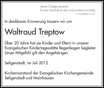 Todesanzeige von Waltraud Treptow von OFFENBACH-POST/HANAU-POST