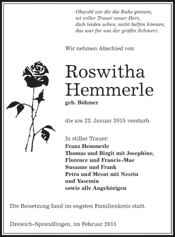 Todesanzeige von Roswitha Hemmerle von Offenbach
