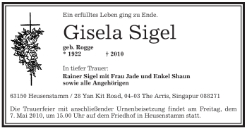Todesanzeige von Gisela Sigel von OFFENBACH-POST/HANAU-POST
