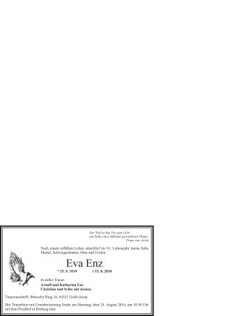 Todesanzeige von Eva Enz von OFFENBACH-POST/HANAU-POST