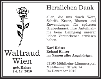 Todesanzeige von Waltaud Wien von OFFENBACH-POST/HANAU-POST