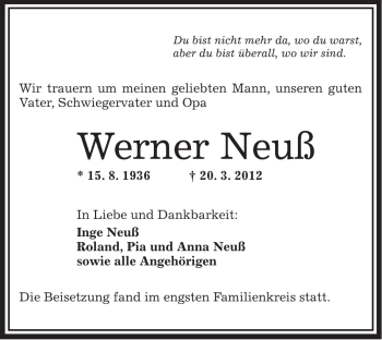 Todesanzeige von Werner Neuß von OFFENBACH-POST/HANAU-POST