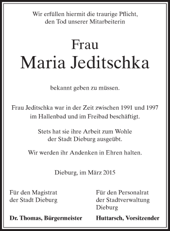 Todesanzeige von Maria Jeditschka von Offenbach
