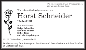 Todesanzeige von Horst Schneider von OFFENBACH-POST/HANAU-POST