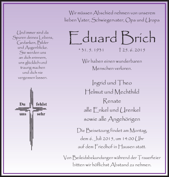 Todesanzeige von Eduard Brich von Offenbach