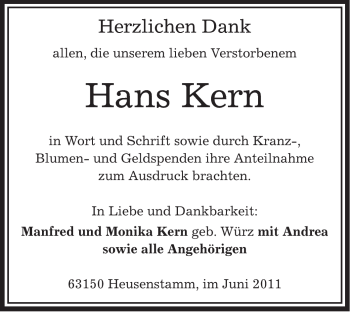 Todesanzeige von Hans Kern von OFFENBACH-POST/HANAU-POST