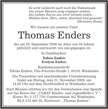 Todesanzeige von Thomas Enders von OFFENBACH-POST/HANAU-POST