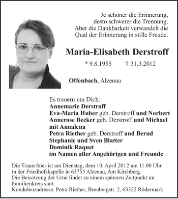 Todesanzeige von Maria-Elisabeth Derstroff von OFFENBACH-POST/HANAU-POST