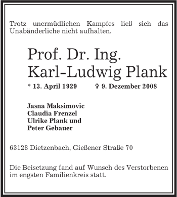Todesanzeige von Karl-Ludwig Plank von OFFENBACH-POST/HANAU-POST