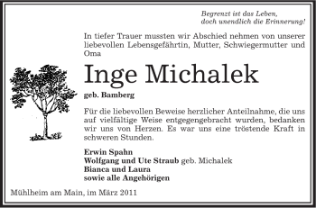 Todesanzeige von Inge Michalek von OFFENBACH-POST/HANAU-POST