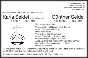 Todesanzeige von Klara und Günther Seidel von Offenbach