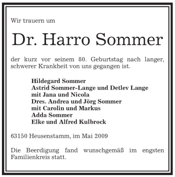 Todesanzeige von Harro Sommer von OFFENBACH-POST/HANAU-POST