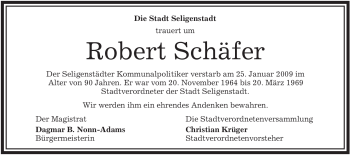 Todesanzeige von Robert Schäfer von OFFENBACH-POST/HANAU-POST