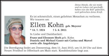 Todesanzeige von Ellen Kohn von Offenbach