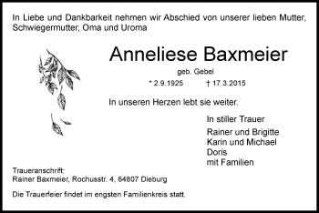 Todesanzeige von Anneliese Baxmeier von Offenbach
