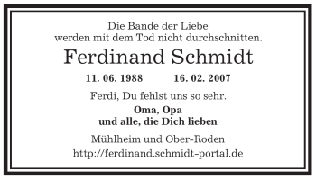 Todesanzeige von Ferdinand Schmidt von OFFENBACH-POST/HANAU-POST