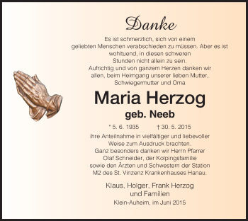 Todesanzeige von Maria Herzog von Offenbach