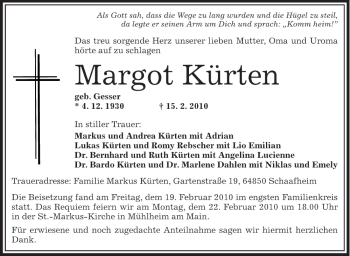 Todesanzeige von Margot Kürten von OFFENBACH-POST/HANAU-POST