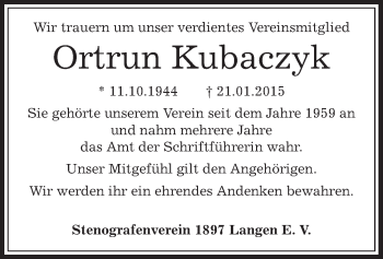 Todesanzeige von Ortrun Kubaczyk von Offenbach