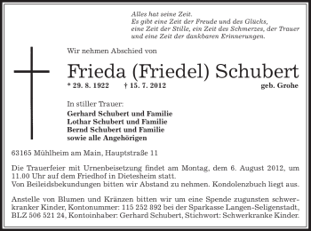 Todesanzeige von Frieda Schubert von OFFENBACH-POST/HANAU-POST
