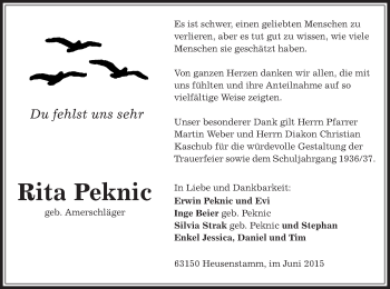 Todesanzeige von Rita Peknic von Offenbach