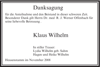 Todesanzeige von Klaus Wilhelm von OFFENBACH-POST/HANAU-POST