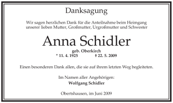 Todesanzeige von Anna Schidler von OFFENBACH-POST/HANAU-POST