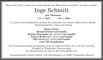 Todesanzeige von Inge Schmitt von OFFENBACH-POST/HANAU-POST
