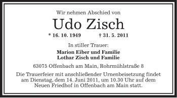 Todesanzeige von Udo Zisch von OFFENBACH-POST/HANAU-POST