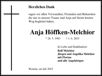Todesanzeige von Anja Höffken-Melchior von Offenbach