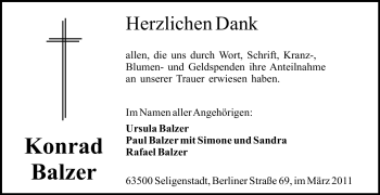 Todesanzeige von Konrad Balzer von OFFENBACH-POST/HANAU-POST