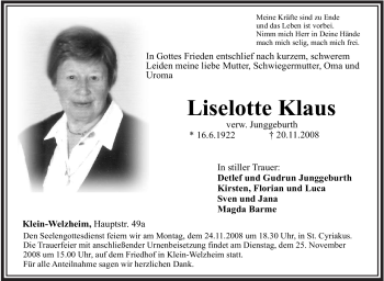 Todesanzeige von Liselotte Klaus von OFFENBACH-POST/HANAU-POST