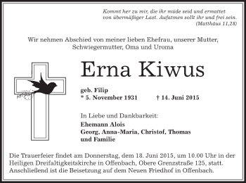 Todesanzeige von Erna Kiwus von Offenbach