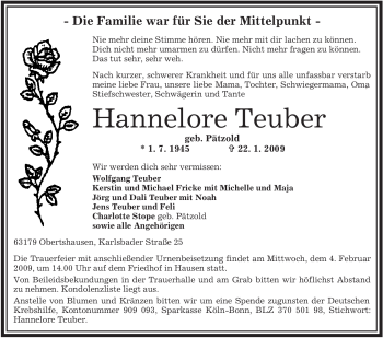 Todesanzeige von Hannelore Teuber von OFFENBACH-POST/HANAU-POST