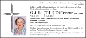 Todesanzeige von Ottilie  Differenz von Offenbach
