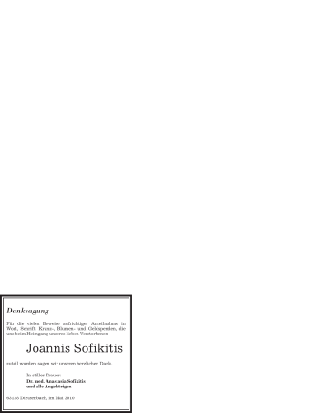 Todesanzeige von Joannis Sofikitis von OFFENBACH-POST/HANAU-POST