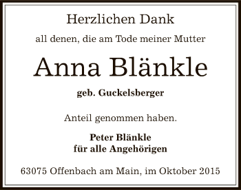 Todesanzeige von Anna Blänkle von Offenbach