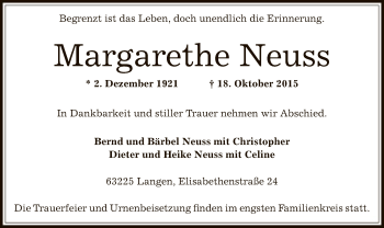 Todesanzeige von Margarethe Neuss von Offenbach