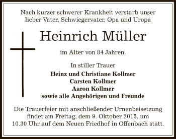 Todesanzeige von Heinrich Müller von Offenbach