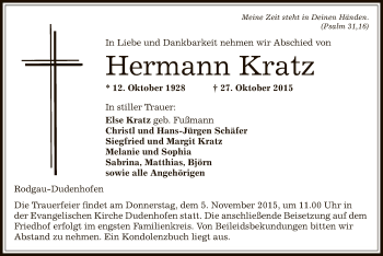 Todesanzeige von Hermann Kratz von Offenbach