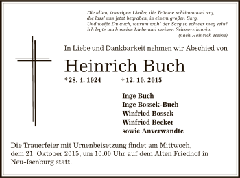 Todesanzeige von Heinrich Buch von Offenbach