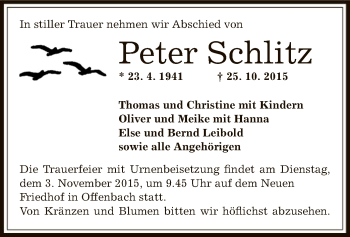Todesanzeige von bPeter Schlitz von Offenbach